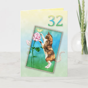 32nd Birthday with a playful cat Card