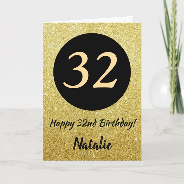 32nd Happy Birthday Black and Gold Glitter Card (Front)
