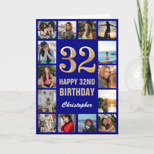 32nd Happy Birthday Navy Blue & Gold Photo Collage Card