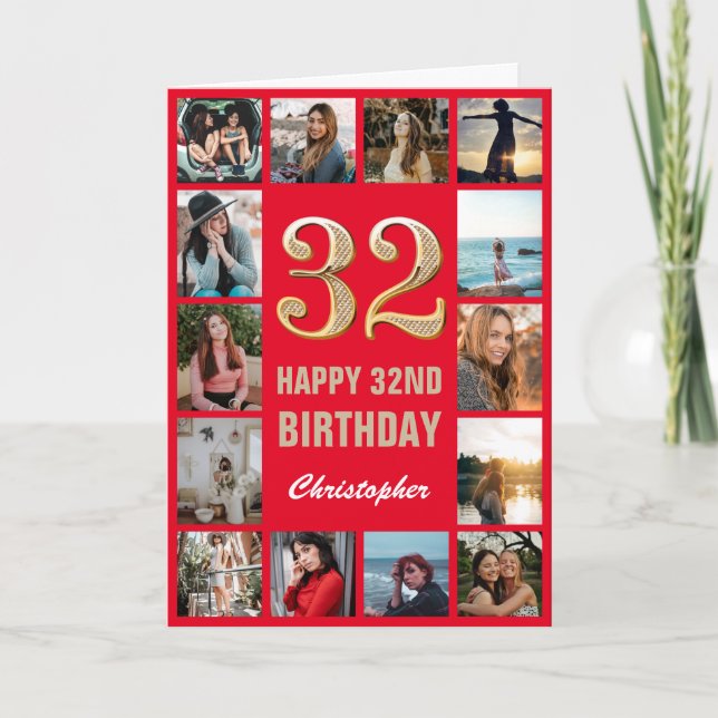 32nd Happy Birthday Red and Gold Photo Collage Card (Front)