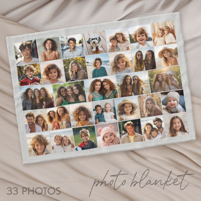 33 Photo Collage - Grid on Colour Background Fleece Blanket (Photo Blanket - Custom Pictures in a Collage)