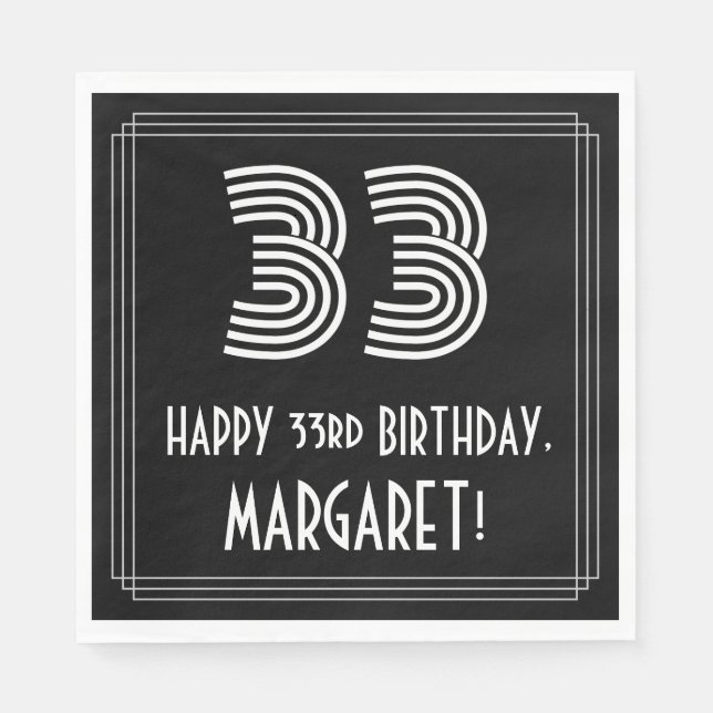 33rd Birthday: Art Deco Inspired Look "33" + Name Napkin (Front)