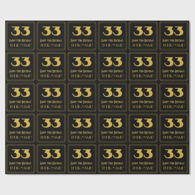 33rd Birthday – Art Deco Inspired Look "33" & Name Wrapping Paper (Flat)
