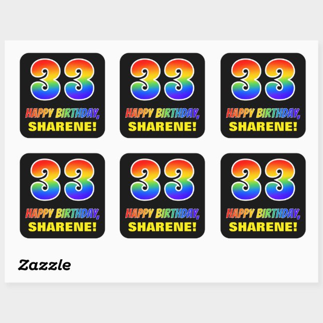 33rd Birthday: Bold, Fun, Simple, Rainbow 33 Square Sticker (Sheet)