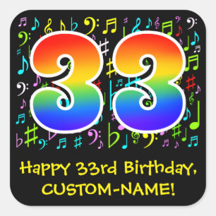 33rd Birthday: Colourful Music Symbols, Rainbow 33 Square Sticker