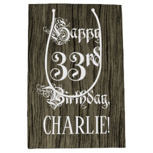 33rd Birthday: Fancy, Faux Wood Look + Custom Name Medium Gift Bag