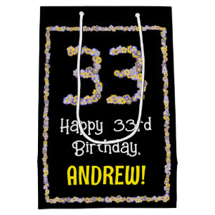 33rd Birthday: Floral Flowers Number, Custom Name Medium Gift Bag