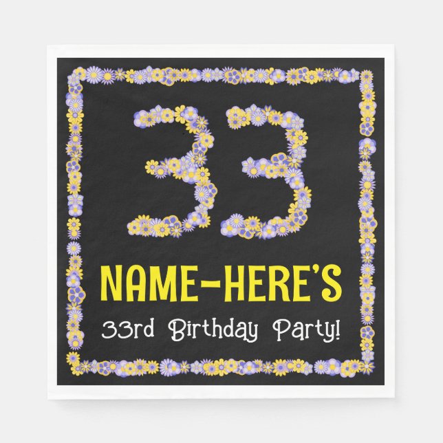 33rd Birthday: Floral Flowers Number, Custom Name Napkin (Front)