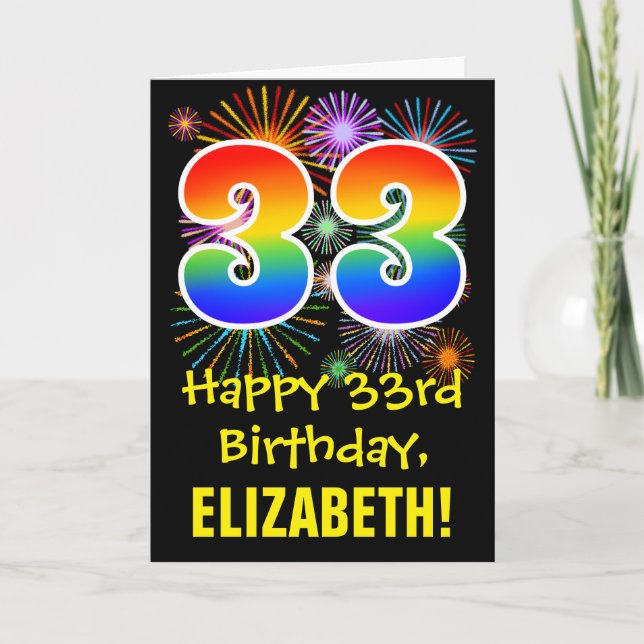33rd Birthday: Fun Fireworks Pattern + Rainbow 33 Card (Front)