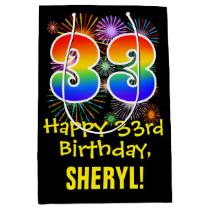 33rd Birthday: Fun Fireworks Pattern + Rainbow 33 Medium Gift Bag