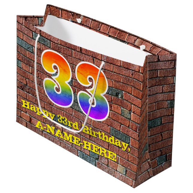 33rd Birthday: Fun, Graffiti-Inspired Rainbow # 33 Large Gift Bag (Front Angled)