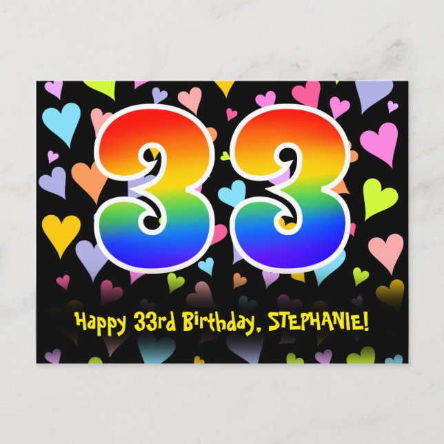 33rd Birthday: Fun Hearts Pattern, Rainbow 33 Postcard (Front)