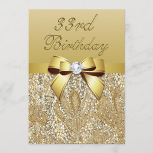 33rd Birthday Gold Faux Sequins and Bow Invitation