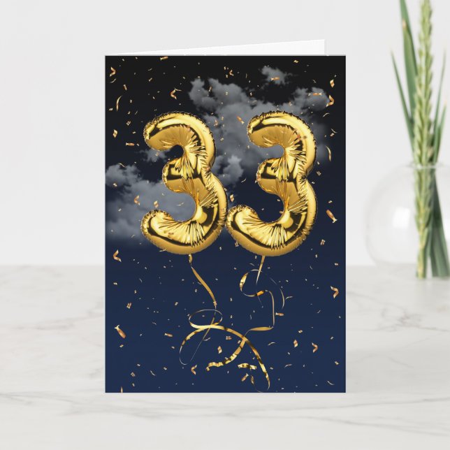 33rd Birthday Gold Mylar Balloon and Confetti Card (Front)