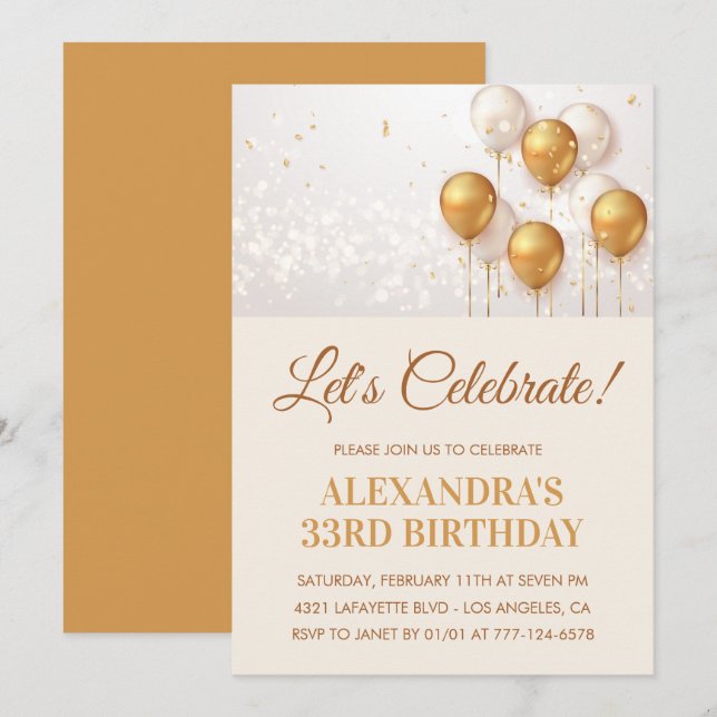 33rd birthday invitation Balloons Gold (Front/Back)