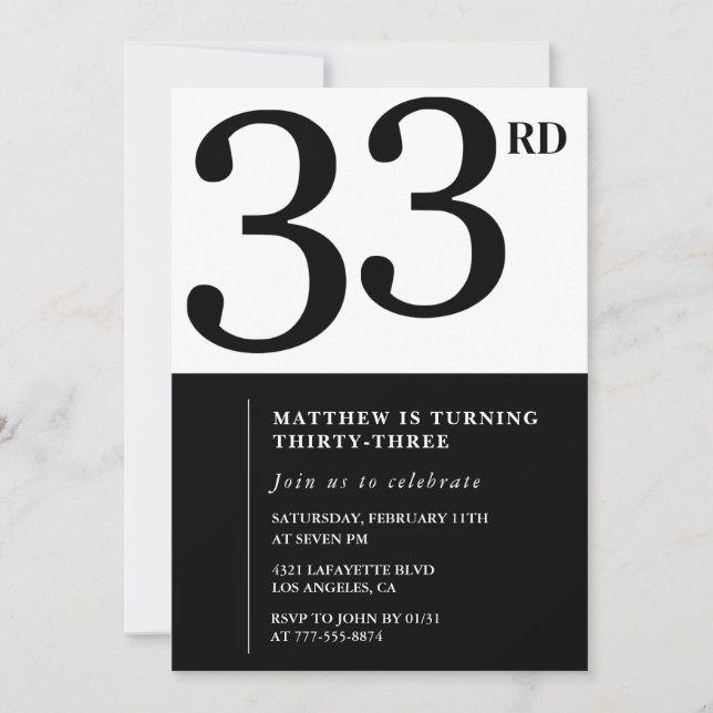 33rd birthday invitation Black White Man (Front)