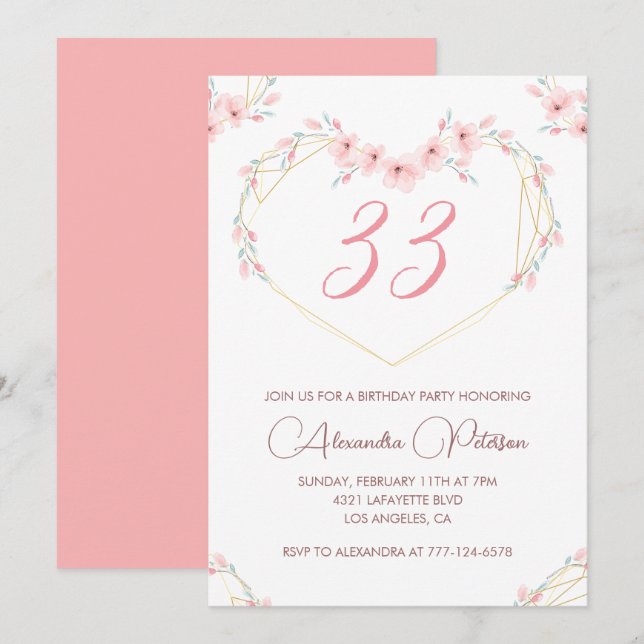 33rd birthday invitation Boho Floral Elegant  (Front/Back)
