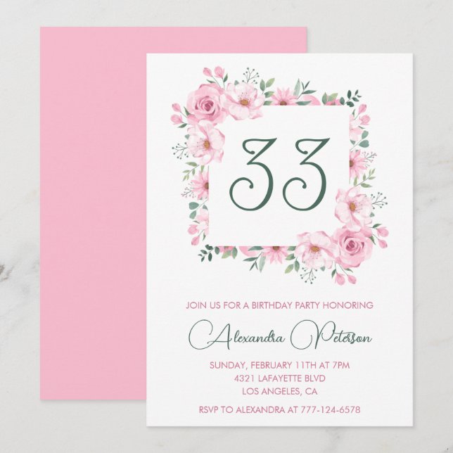 33rd birthday invitation Boho Floral Pink Elegant  (Front/Back)