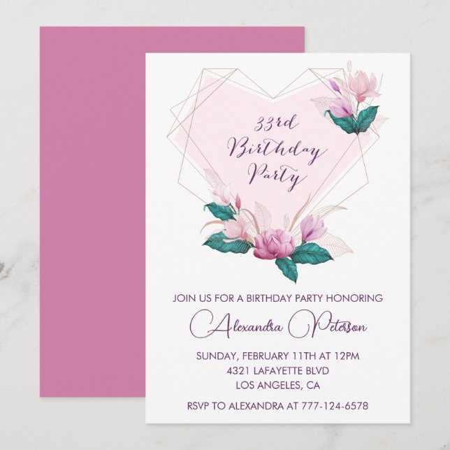 33rd birthday invitation Elegant Boho pink (Front/Back)
