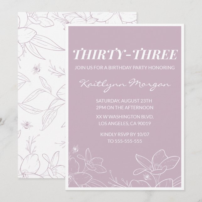 33rd birthday invitation Elegant Modern Floral (Front/Back)