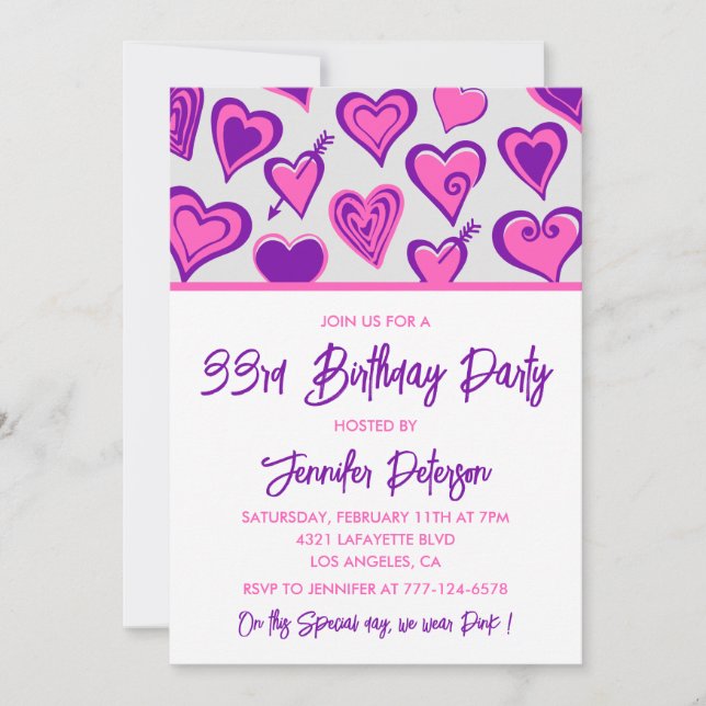 33rd birthday invitation Glam Pink Heart (Front)
