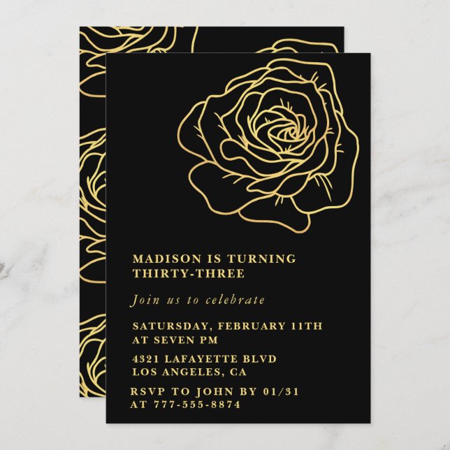 33rd birthday invitation Gold Black Flowers (Front/Back)