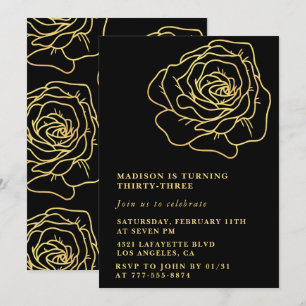 33rd birthday invitation Gold Black Flowers
