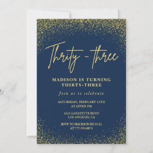 33rd birthday invitation Gold Blue Glitter