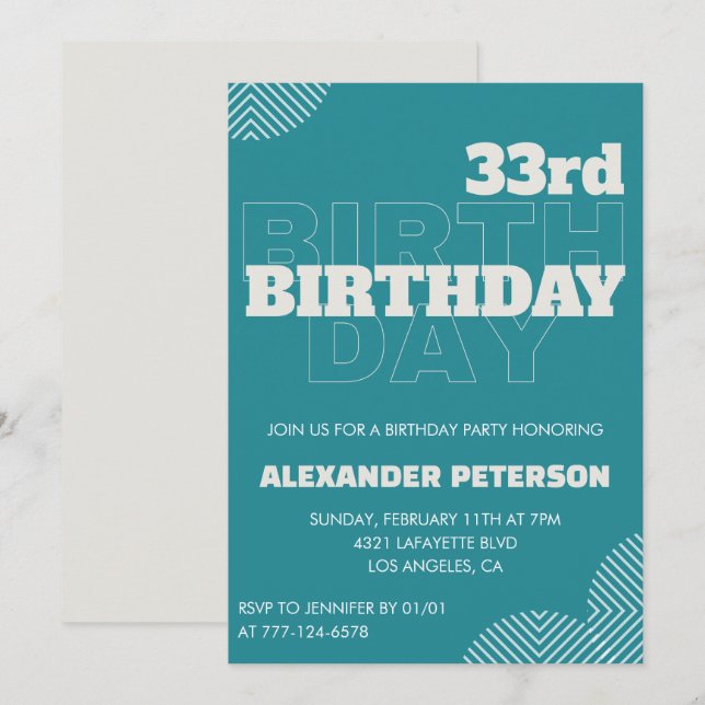 33rd birthday invitation Men Blue Typography (Front/Back)
