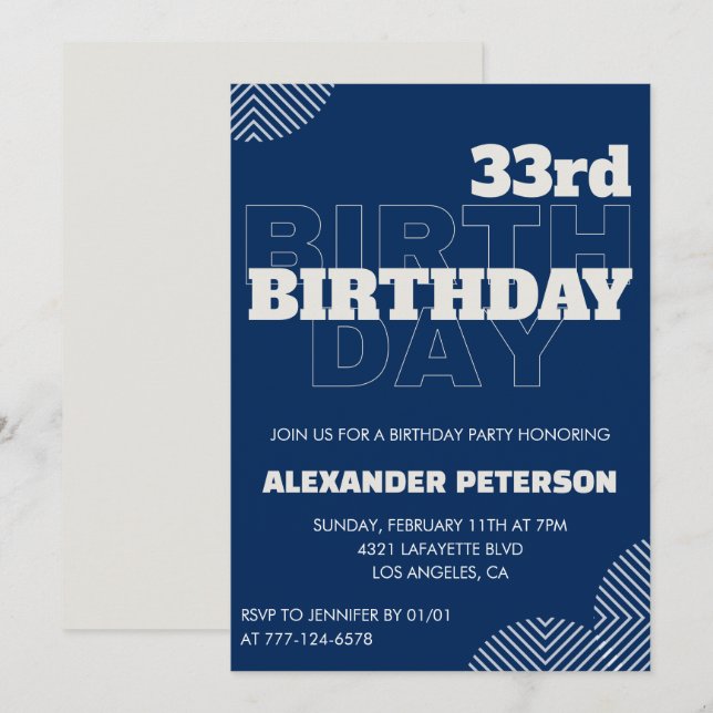33rd birthday invitation Men Navy Blue (Front/Back)
