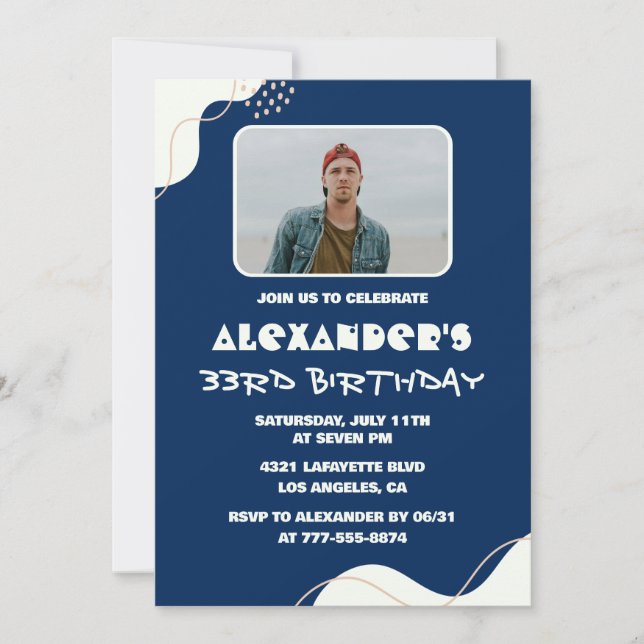 33rd birthday invitation Men Photo Simple Blue  (Front)