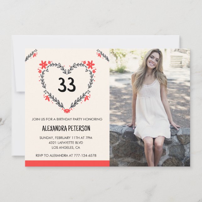 33rd birthday invitation Photo Floral Heart (Front)