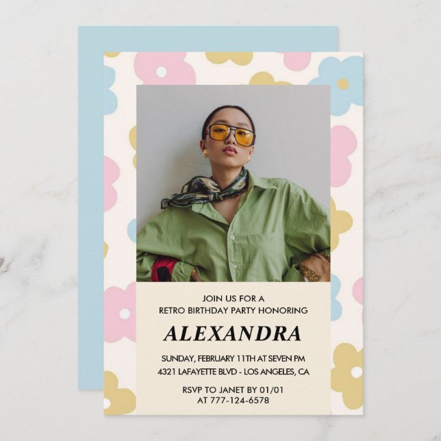 33rd birthday invitation Retro Groovy Flowers Cute (Front/Back)