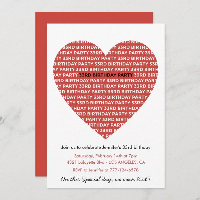 33rd birthday invitation typography Red Black (Front/Back)