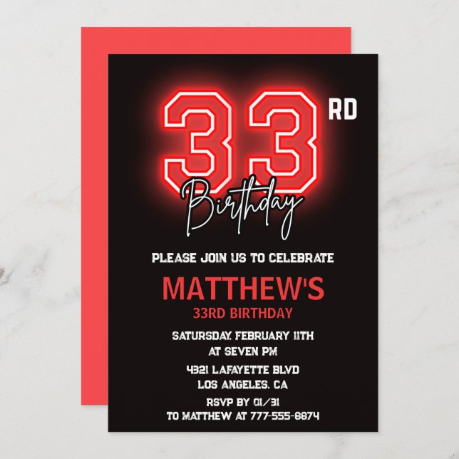 33rd birthday invitations men birthday  (Front/Back)
