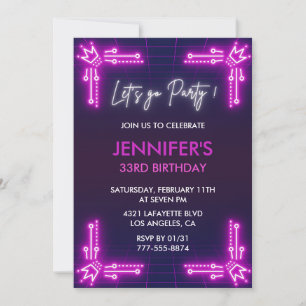 33rd birthday invitations Pink Neon Glow