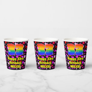 33rd Birthday: Loving Hearts Pattern, Rainbow 33 Paper Cups