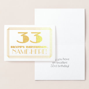 33rd Birthday; Name + Art Deco Inspired Look "33" Foil Card