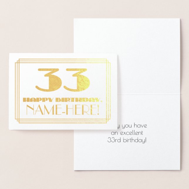 33rd Birthday; Name + Art Deco Inspired Look "33" Foil Card (Display)