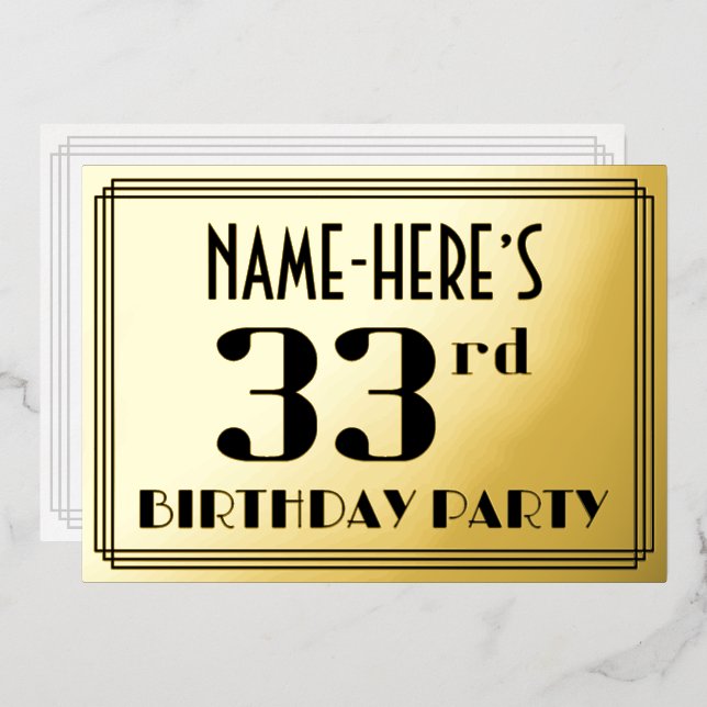 33rd Birthday Party: Art Deco Look “33” and Name (Front/Back)