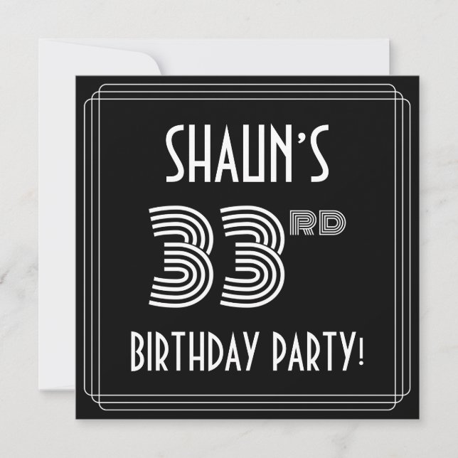 33rd Birthday Party: Art Deco Style w/ Custom Name Invitation (Front)