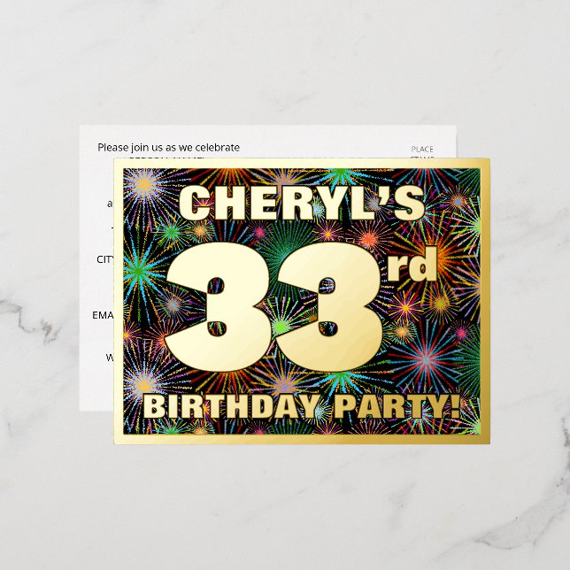 33rd Birthday Party: Bold, Colourful Fireworks Loo Foil Invitation Postcard (Front/Back)