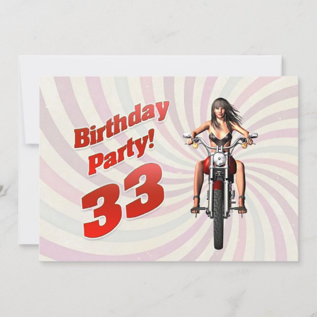 33rd birthday party with a girl on a motorbike invitation (Front)