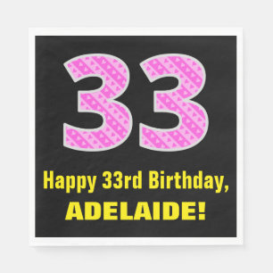 33rd Birthday: Pink Stripes and Hearts "33" + Name Napkin