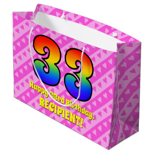33rd Birthday: Pink Stripes & Hearts, Rainbow # 33 Large Gift Bag
