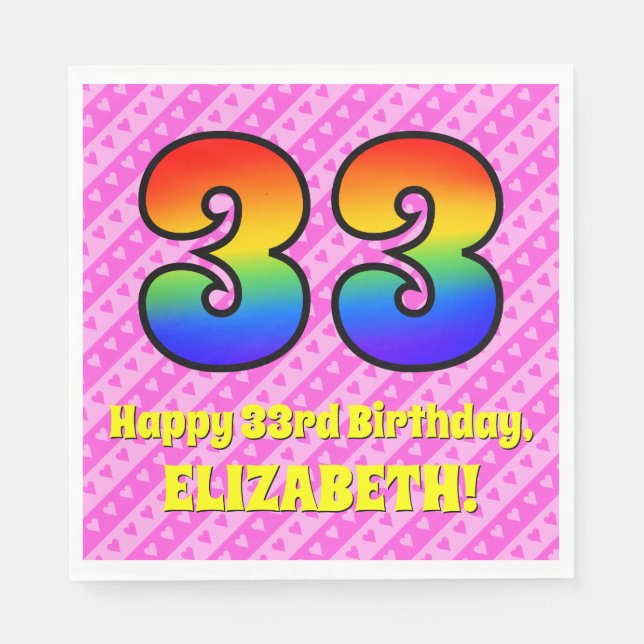 33rd Birthday: Pink Stripes & Hearts, Rainbow # 33 Napkin (Front)