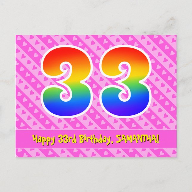 33rd Birthday: Pink Stripes & Hearts, Rainbow 33 Postcard (Front)
