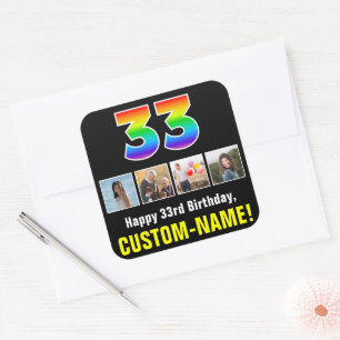 33rd Birthday: Rainbow “33”; Custom Photos & Name Square Sticker
