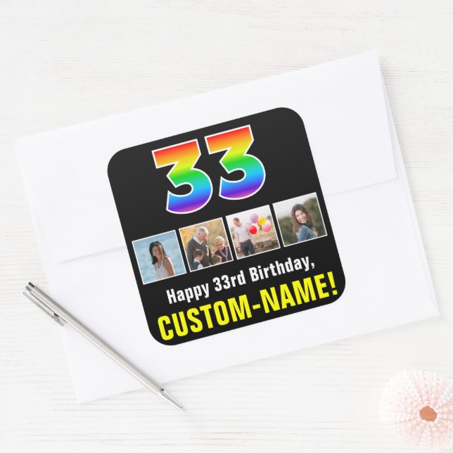 33rd Birthday: Rainbow “33”; Custom Photos & Name Square Sticker (Envelope)