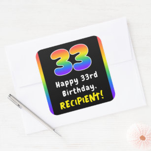 33rd Birthday: Rainbow Spectrum # 33, Custom Name Square Sticker